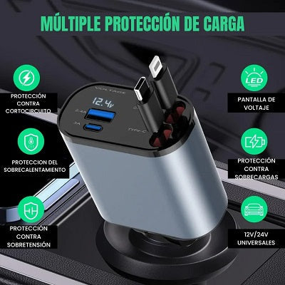 Cargador Carro 4 en 1 Dual Retractil