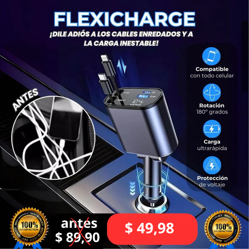 Flexicharge" Cargador Auto 4 en 1 Dual Retractil